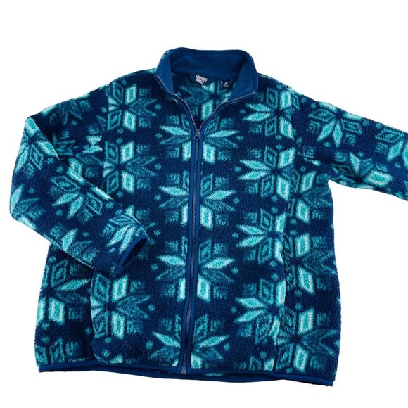 Lands End Womens Fleece Jacket L/P Snowflake Pattern Blue & Teal Full Zip - Picture 1 of 5